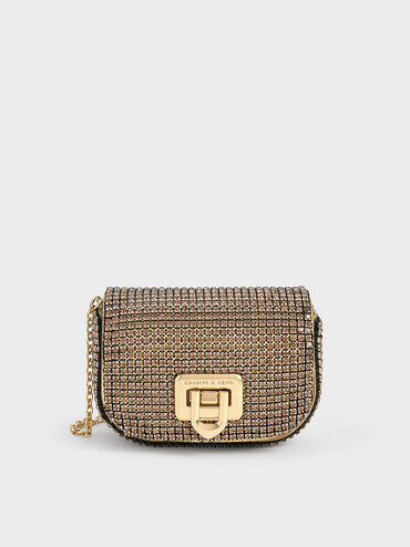 Crystal-Embellished Turn-Lock Mini Bag, Gold, hi-res