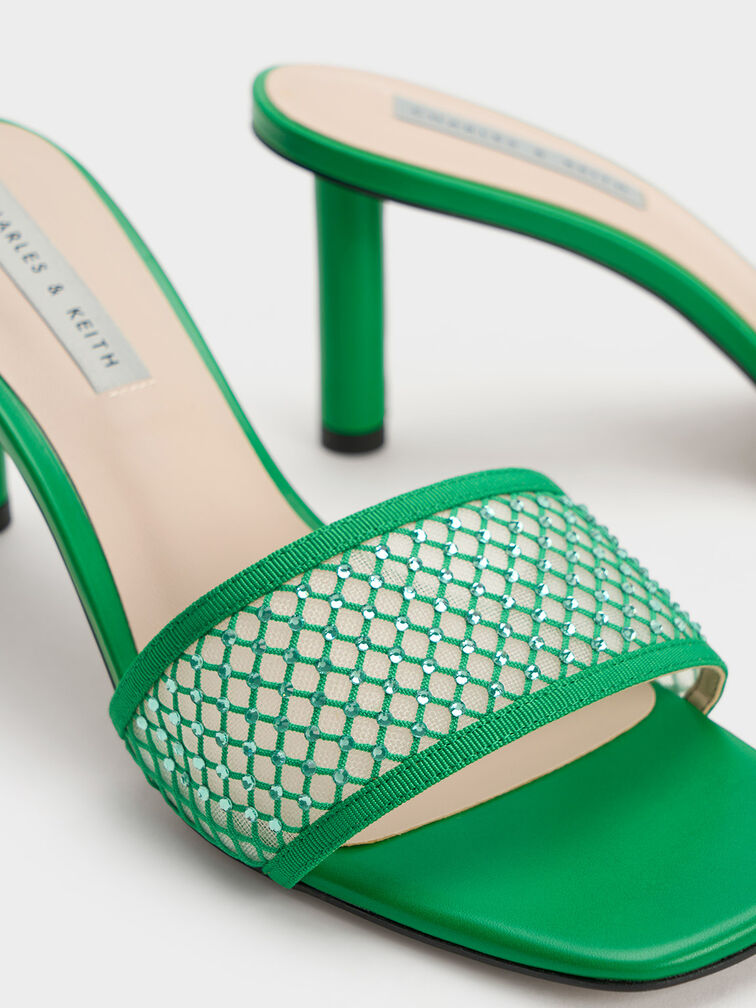 Gem-Encrusted Cylindrical Heel Mesh Sandals, Green, hi-res
