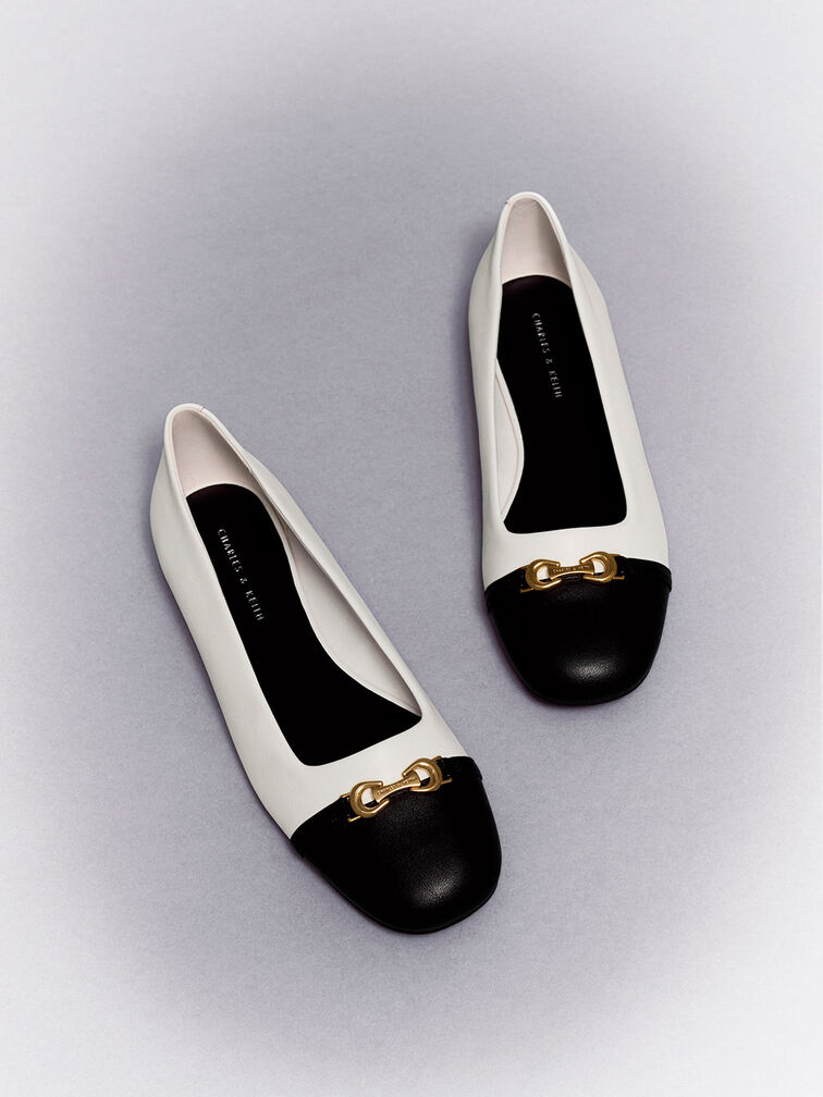 Metallic Accent Two-Tone Ballerinas, White, hi-res