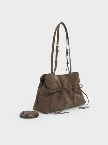 Reese Ruched Bow Shoulder Bag, Stone Grey, hi-res