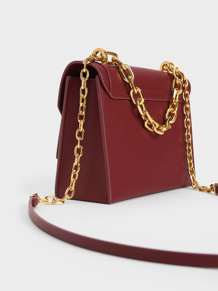 Front Flap Chain Handle Bag, Burgundy, hi-res