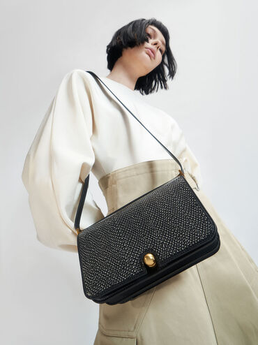 Metallic Push-Lock Snake Print Shoulder Bag, Black Textured, hi-res