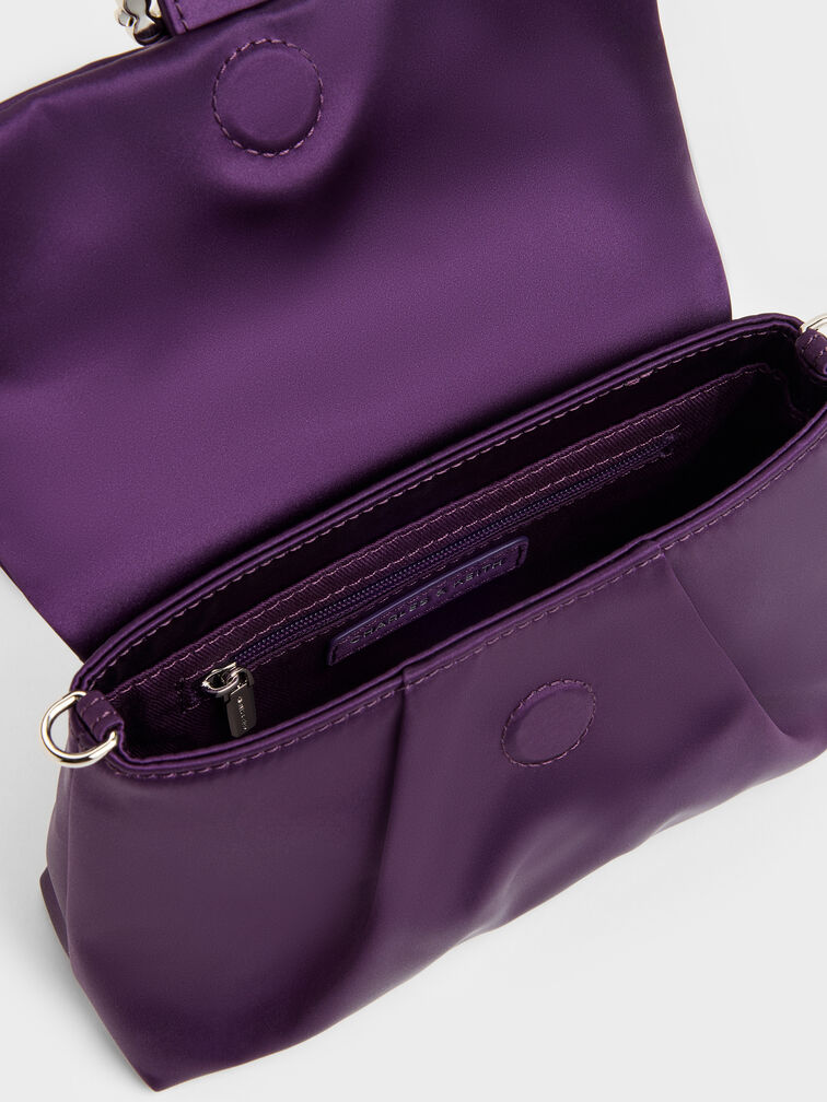 Judie Satin Crystal-Buckle Ruched Clutch Bag, Night Violet, hi-res