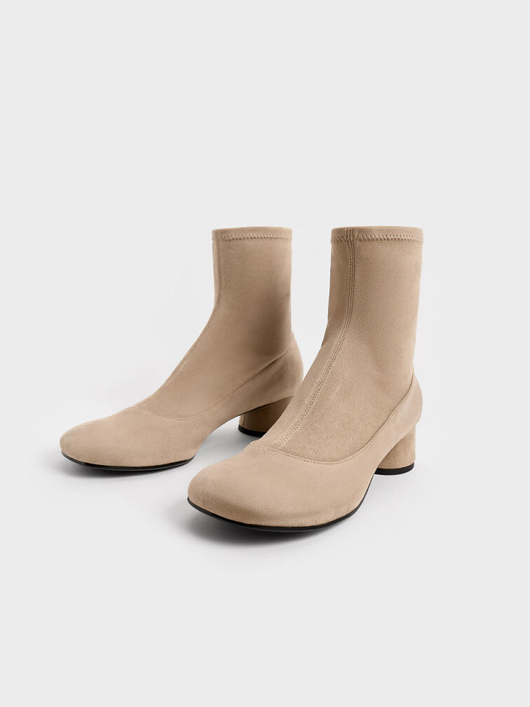 Textured Stitch-Trim Cylindrical Heel Ankle Boots, Beige, hi-res