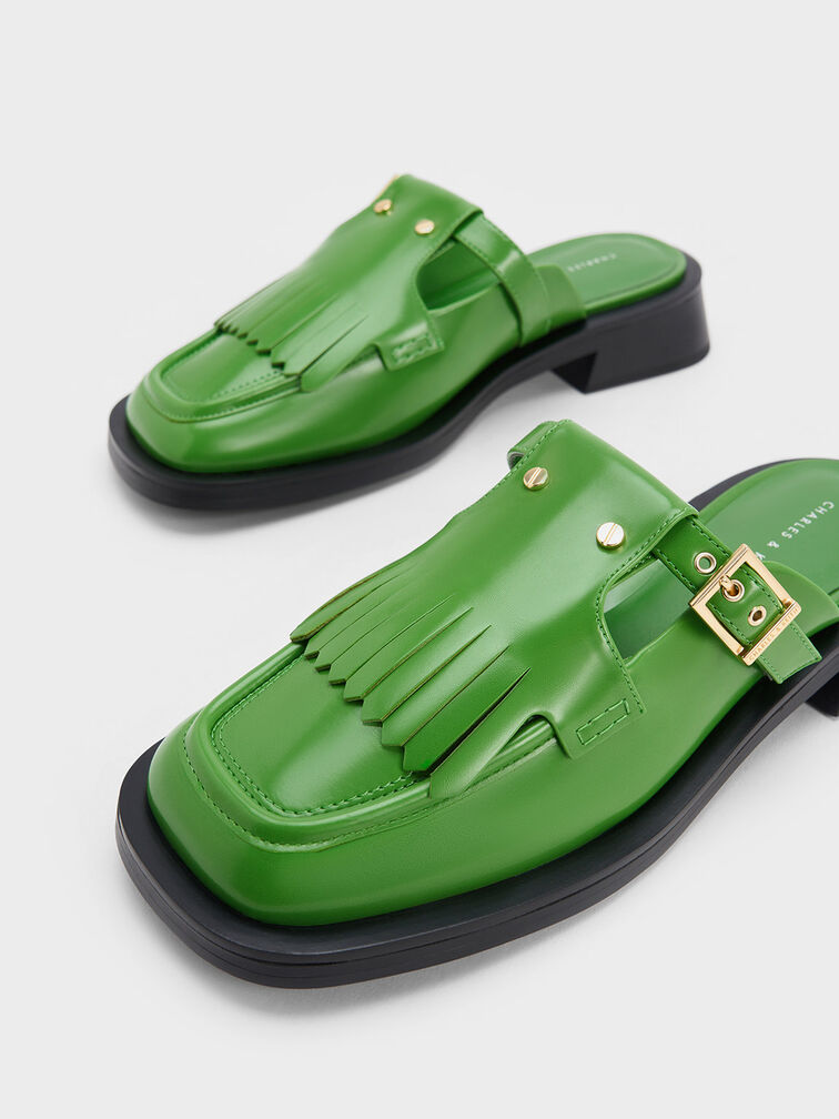 Studded Cut-Out Fringe Mules, Green, hi-res