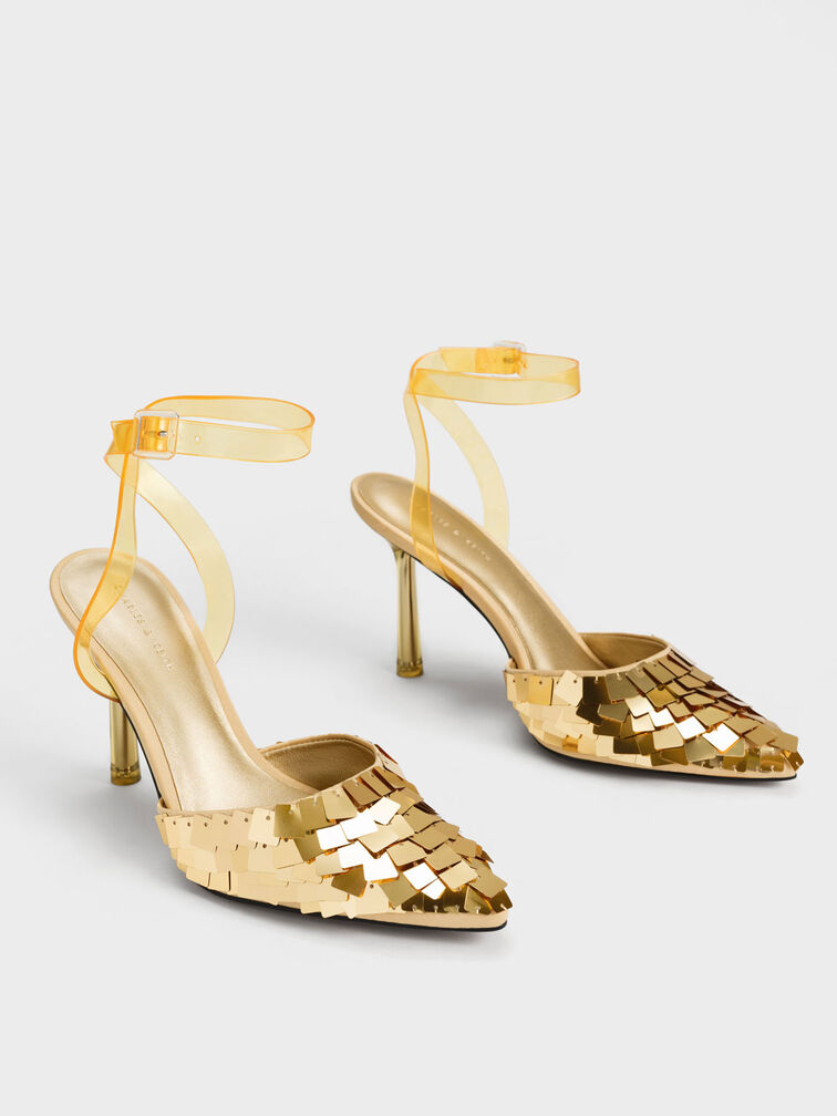 Sequinned Satin Ankle-Strap Pumps, Gold, hi-res