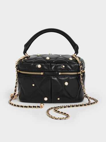 Arwen Quilted Pearl-Embellished Top Handle Vanity Bag, Black, hi-res