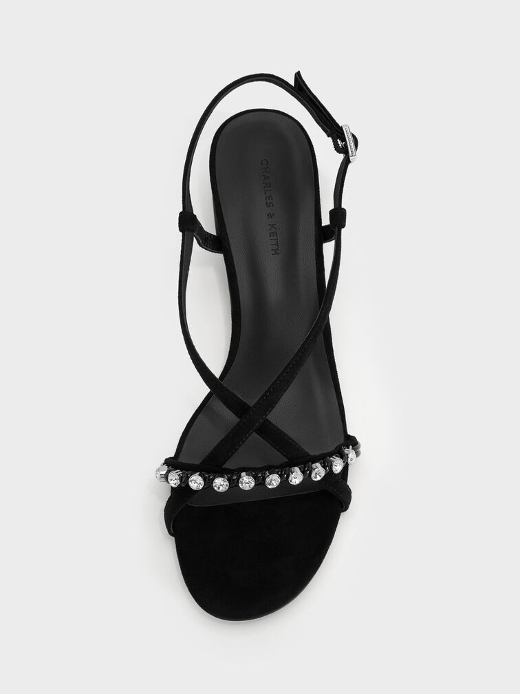 Faux Suede Gem Heeled Slingback Sandals, Black Textured, hi-res