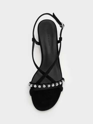Faux Suede Gem Heeled Slingback Sandals, Black Textured, hi-res