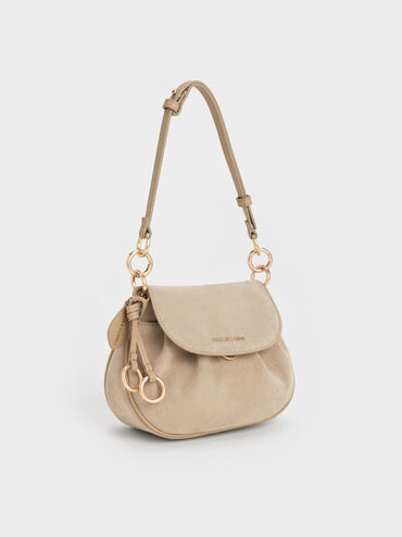 Britton Recycled Suede Ruched Saddle Bag, Nutmeg Beige, hi-res