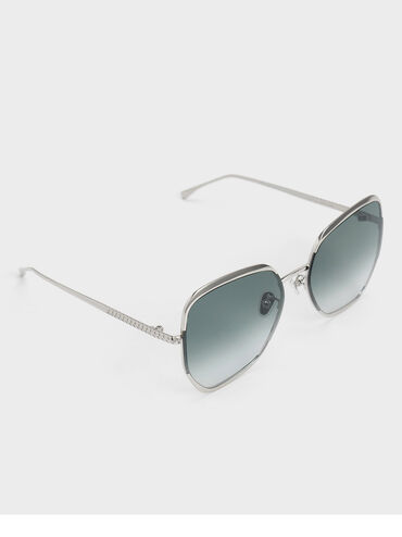 Braided Temple Butterfly Sunglasses, Silver, hi-res