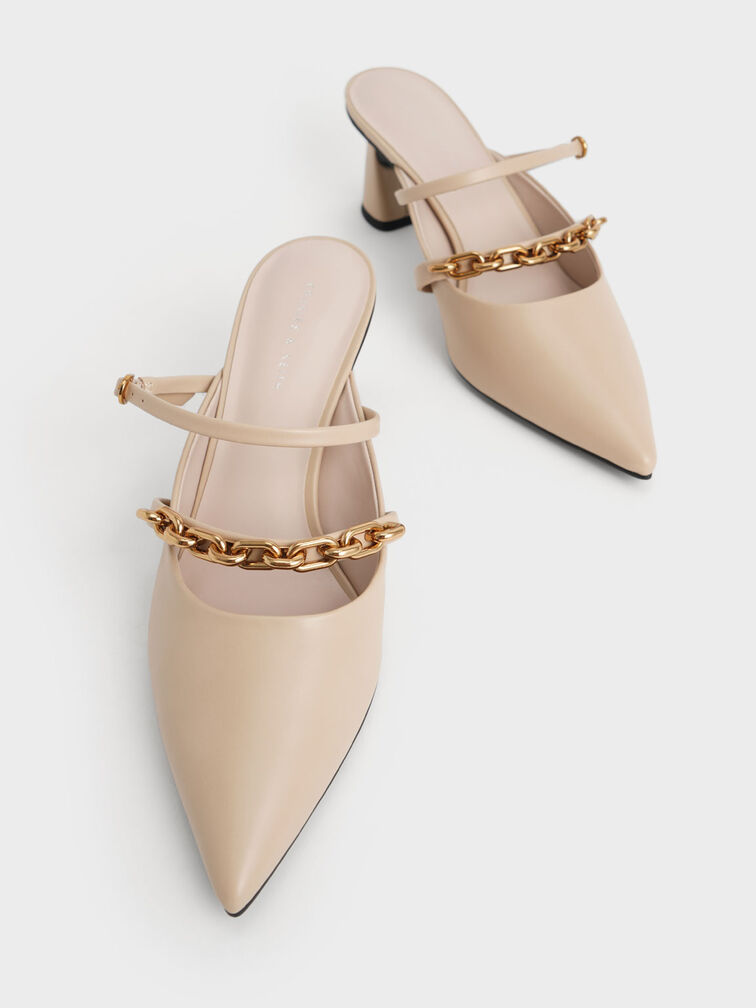 Chain-Link Trapeze Heel Mules, Beige, hi-res