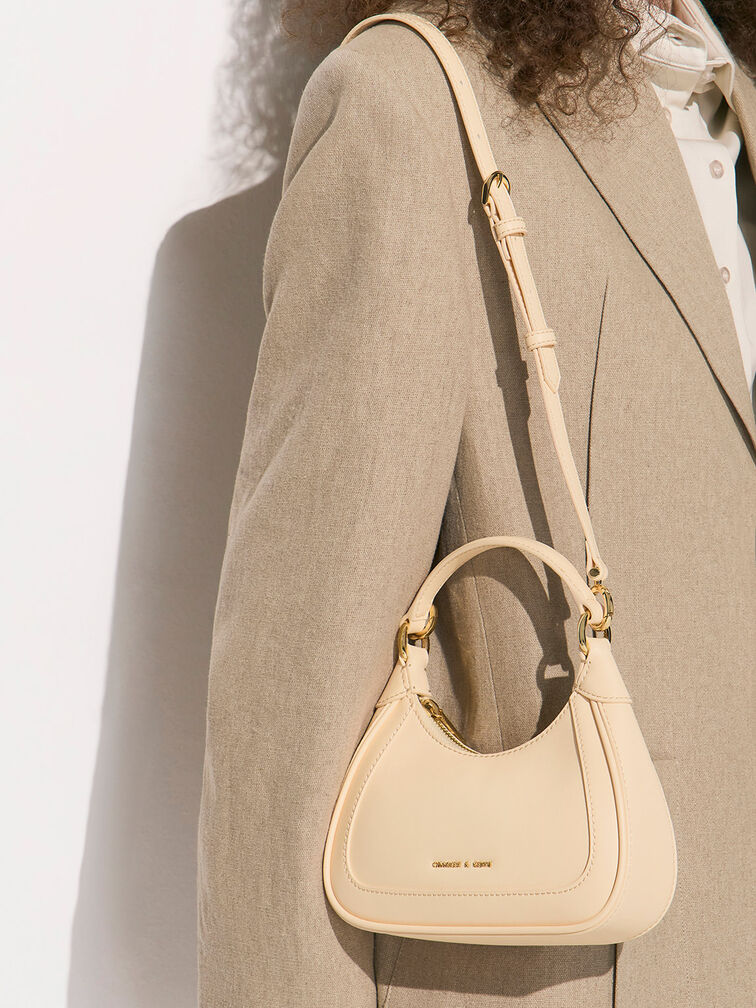 Beaded Handle Hobo Bag, Beige, hi-res