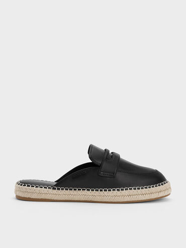 Penny Loafer Backless Espadrilles, Black, hi-res