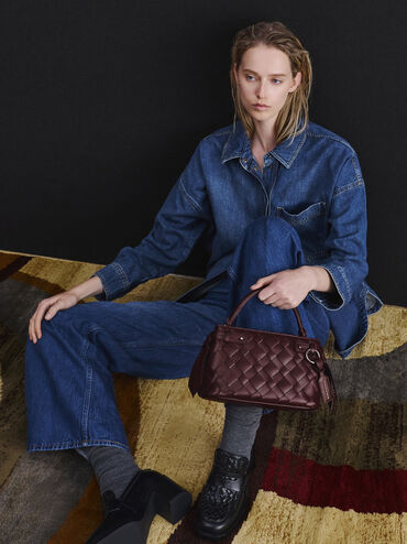 Ivette Woven Top Handle Bag, Wineberry Red, hi-res