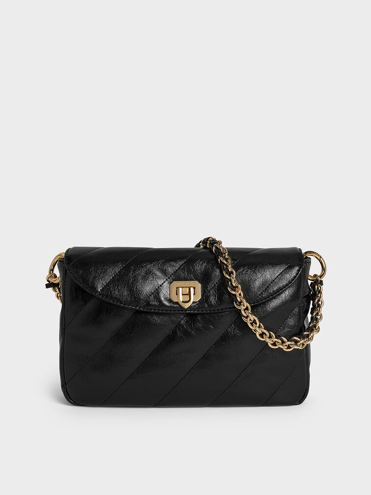 Fawn Panelled Front Flap Chain-Handle Bag, Black, hi-res