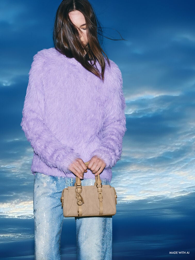 Britton Recycled Suede Ruched Top Handle Tote Bag, Nutmeg Beige, hi-res