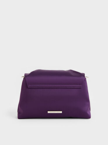 Judie Satin Crystal-Buckle Ruched Clutch Bag, Night Violet, hi-res
