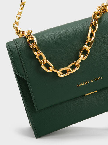 Front Flap Chain Handle Crossbody Bag, Dark Green, hi-res