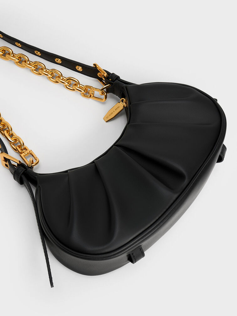 Duo Ruched Shoulder Bag, Black, hi-res