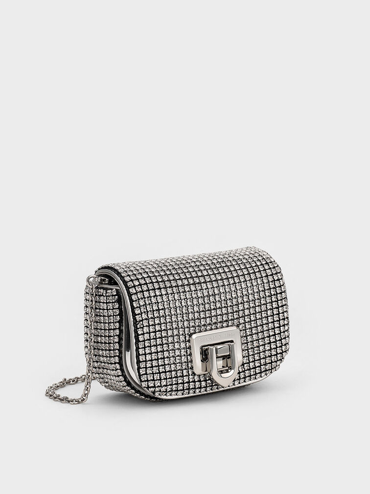Crystal-Embellished Turn-Lock Mini Bag, Silver, hi-res