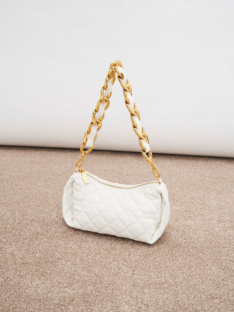 Nezu Chain Handle Quilted Hobo Bag, White, hi-res