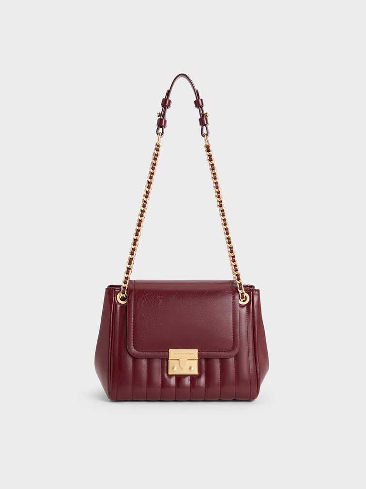 Donna Crinkle-Effect Shoulder Bag, Burgundy, hi-res