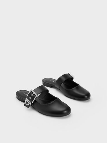 Buckled Flat Mules, Black, hi-res