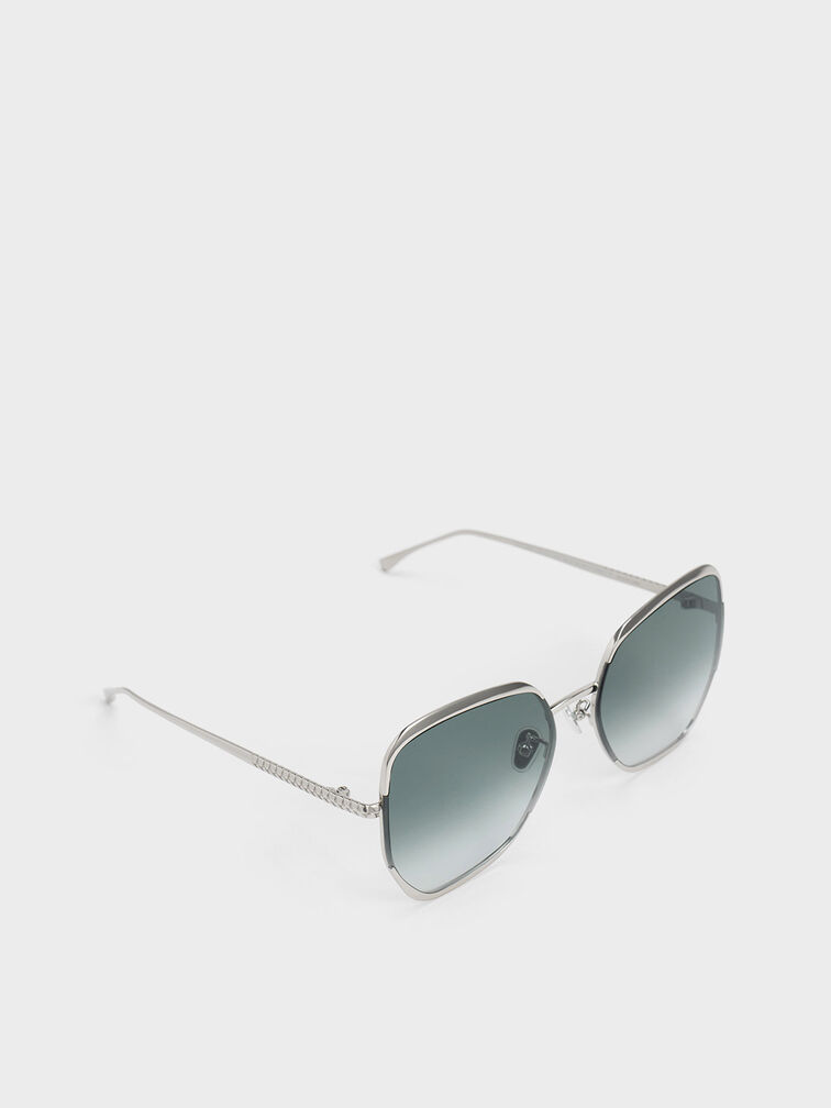 Braided Temple Butterfly Sunglasses, Silver, hi-res