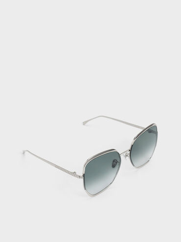 Braided Temple Butterfly Sunglasses, Silver, hi-res