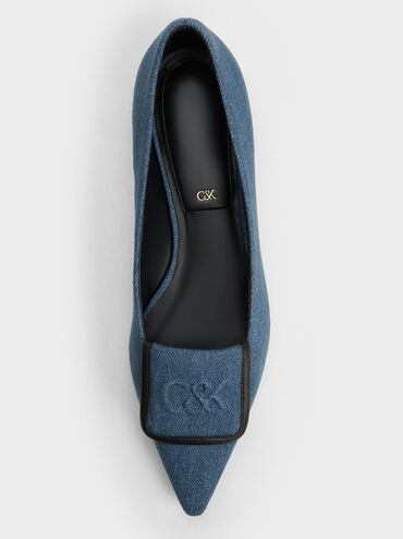 Leather & Denim Pointed-Toe Flats, Blue, hi-res