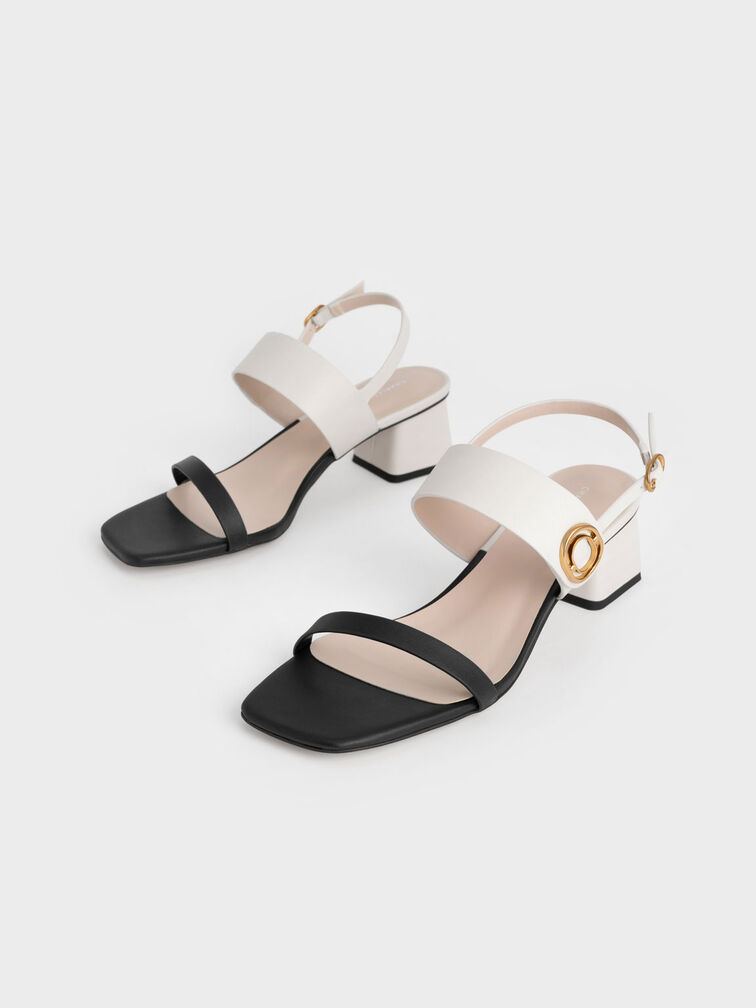 Metallic Accent Trapeze Heel Sandals, Black Textured, hi-res