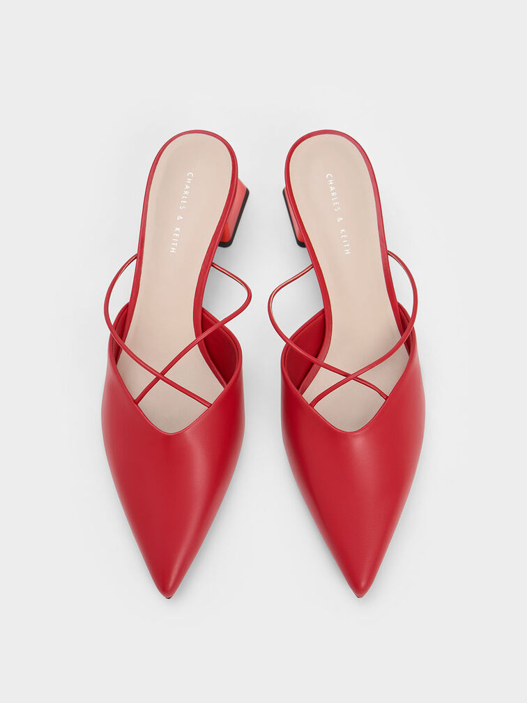 Metallic Trapeze Heel Crossover Mules, Red, hi-res