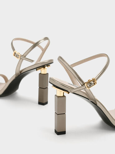 Metallic Sculptural Heel Sandals, Pewter, hi-res