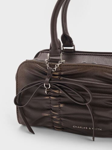 Kadee Ruched Bow-Charm Bowling Bag, Burnished Brown, hi-res