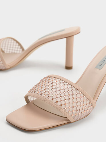 Gem-Encrusted Cylindrical Heel Mesh Sandals, Nude, hi-res