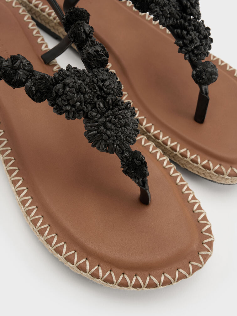 Flower Espadrille Thong Sandals, Black, hi-res