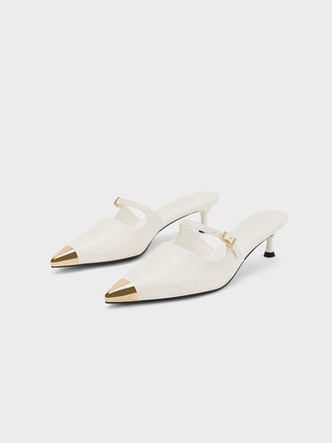 Metallic Cap Heeled Mules, White, hi-res