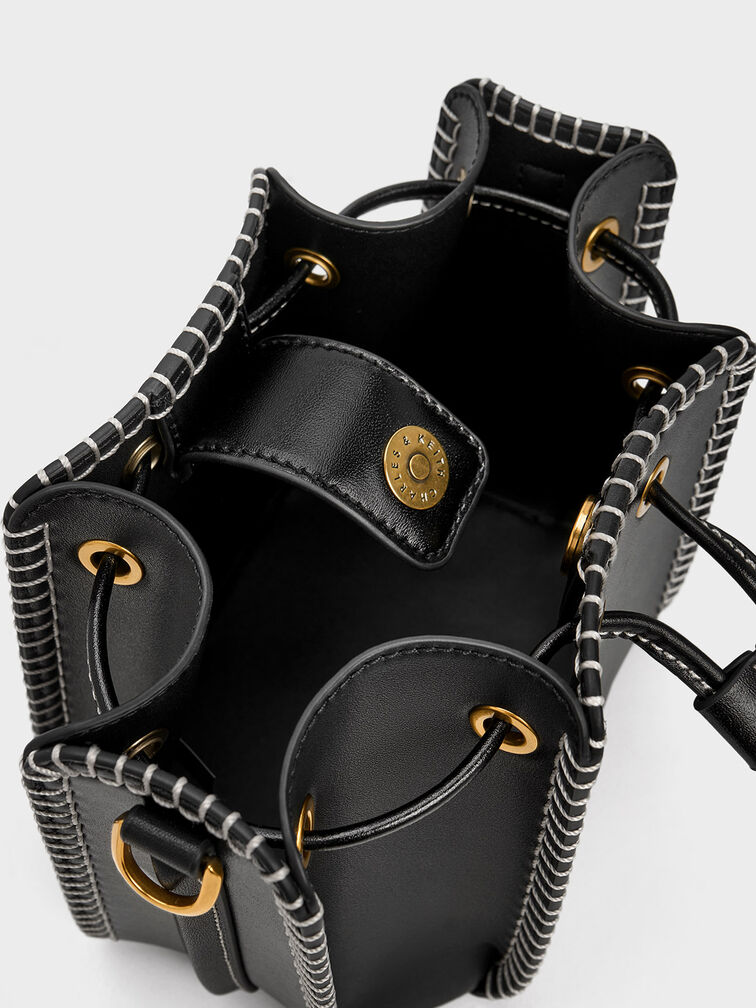 Circe Stitch-Trim Bucket Bag, Black, hi-res