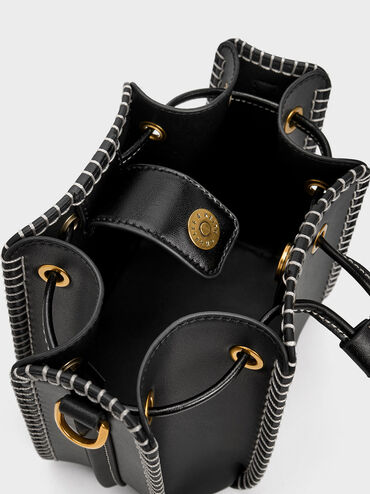 Circe Stitch-Trim Bucket Bag, Black, hi-res