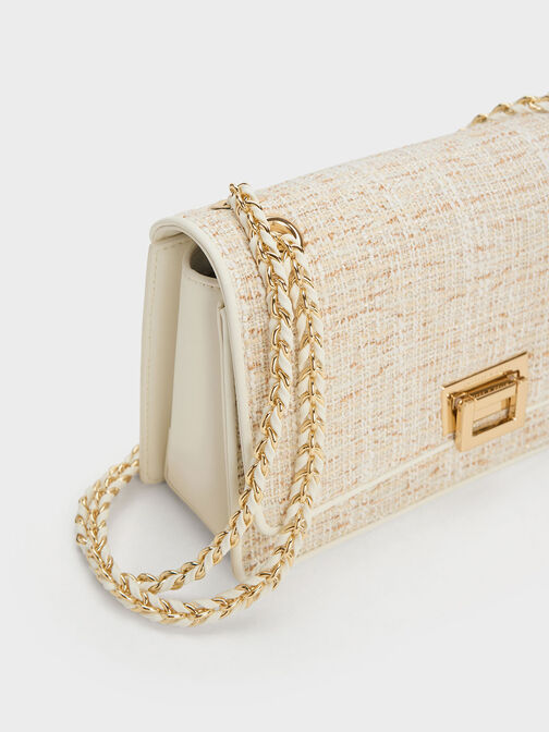 Metallic Push-Lock Tweed Bag, White, hi-res