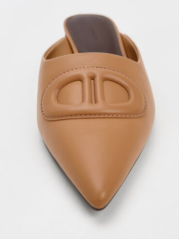 Oval Stitch-Trim Pointed-Toe Mules, Camel, hi-res