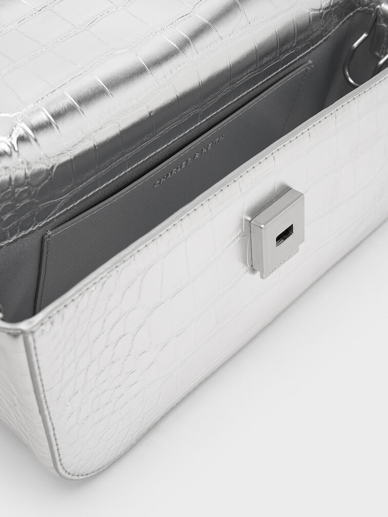 Metallic Croc-Effect Chain-Handle Shoulder Bag, Silver, hi-res