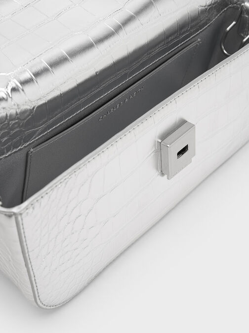 Metallic Croc-Effect Chain-Handle Shoulder Bag, Silver, hi-res