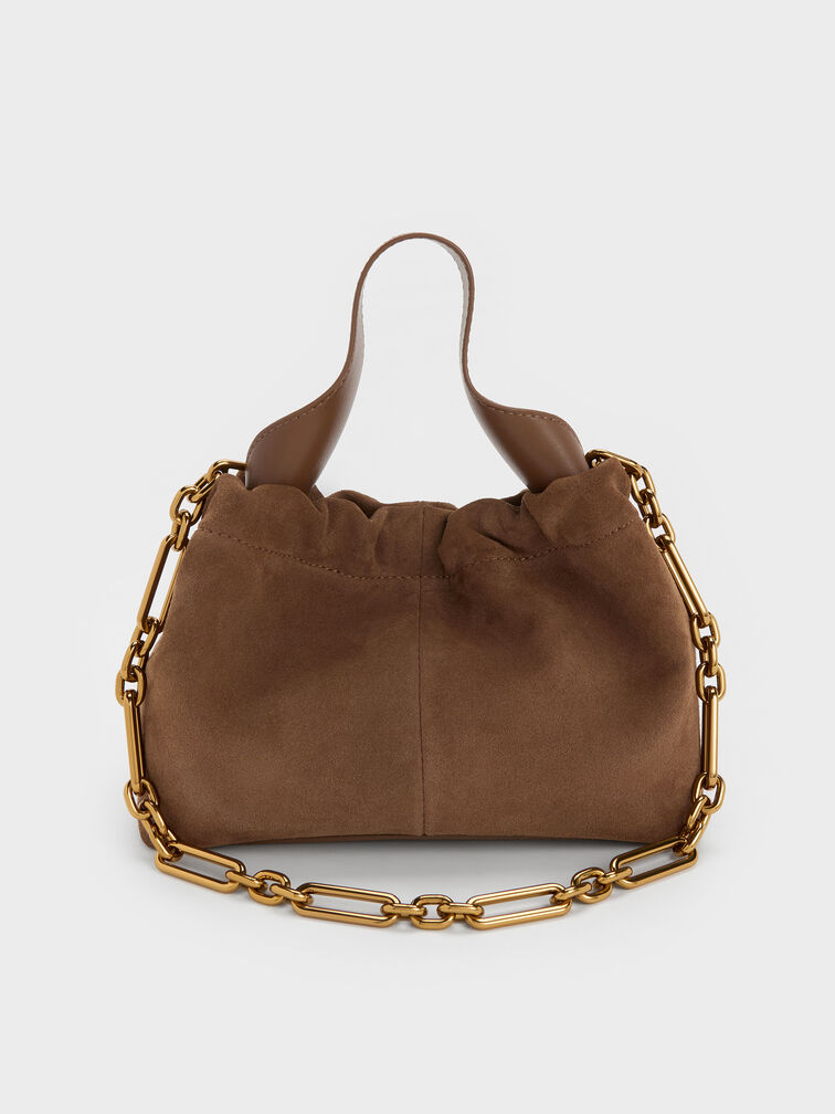 Ally Recycled Suede Ruched Slouchy Chain-Handle Bag, Mocha Brown, hi-res