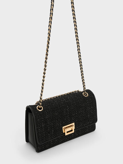 Metallic Push-Lock Tweed Bag, Black, hi-res