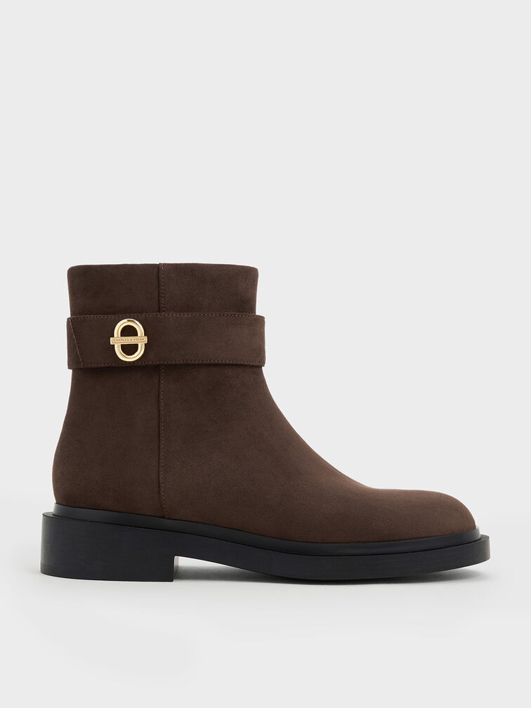 Faux Suede Metallic-Accent Ankle Boots, Brown, hi-res