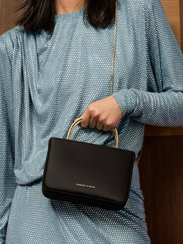 Satin Crystal-Embellished Top Handle Bag, Black, hi-res