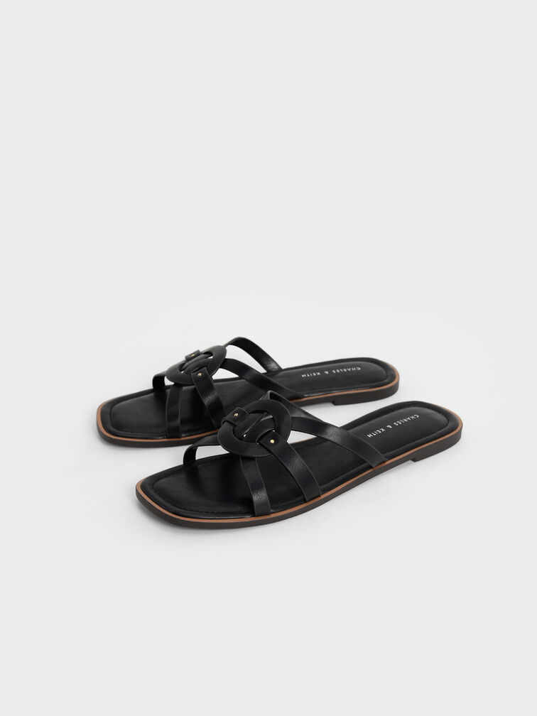 Ring Detail Strappy Flats, Black, hi-res
