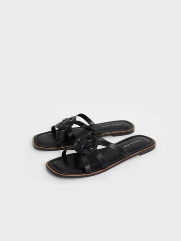 Ring Detail Strappy Flats, Black, hi-res